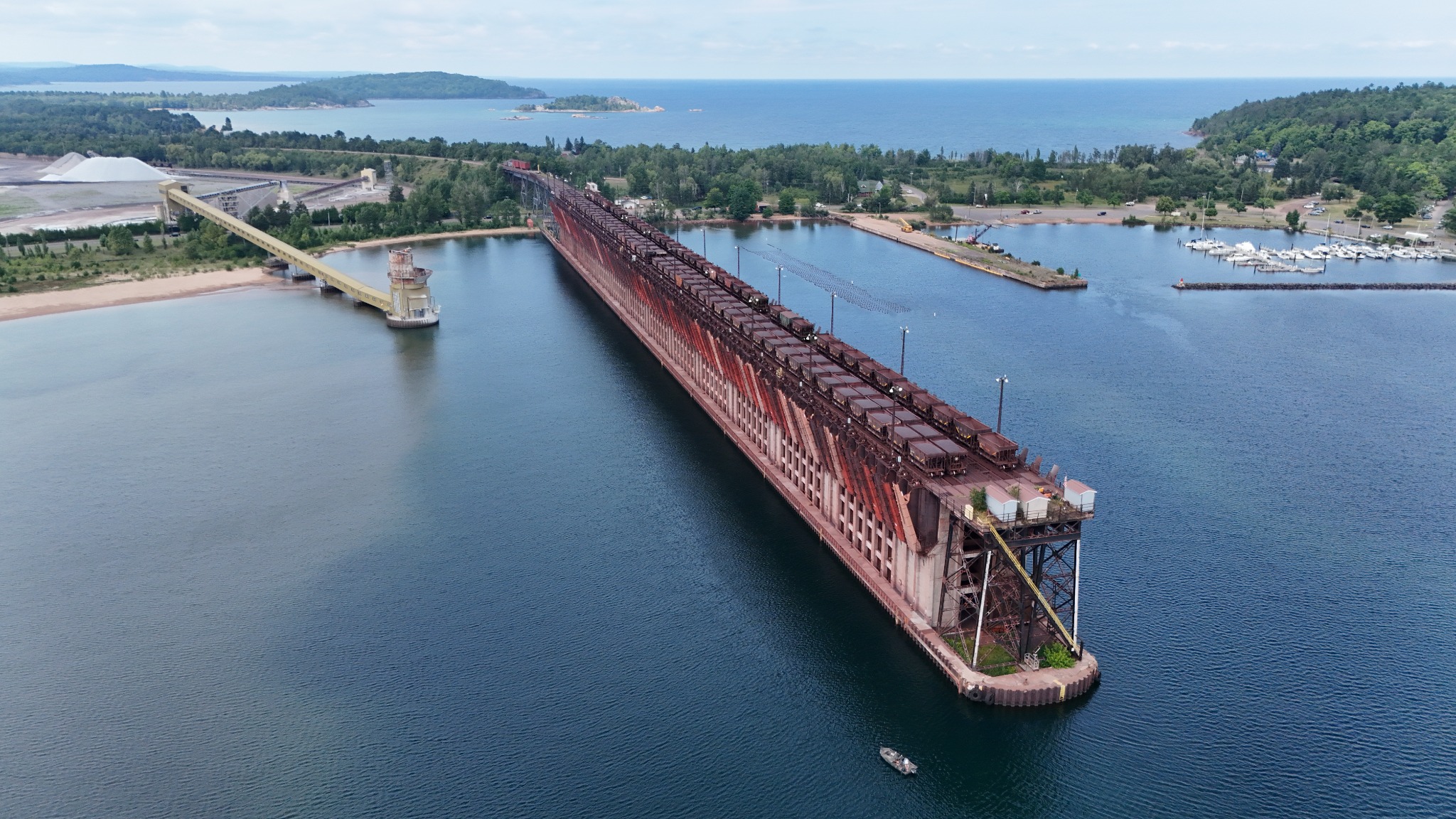 Aerial view of an ore dock extending into Lake Superior