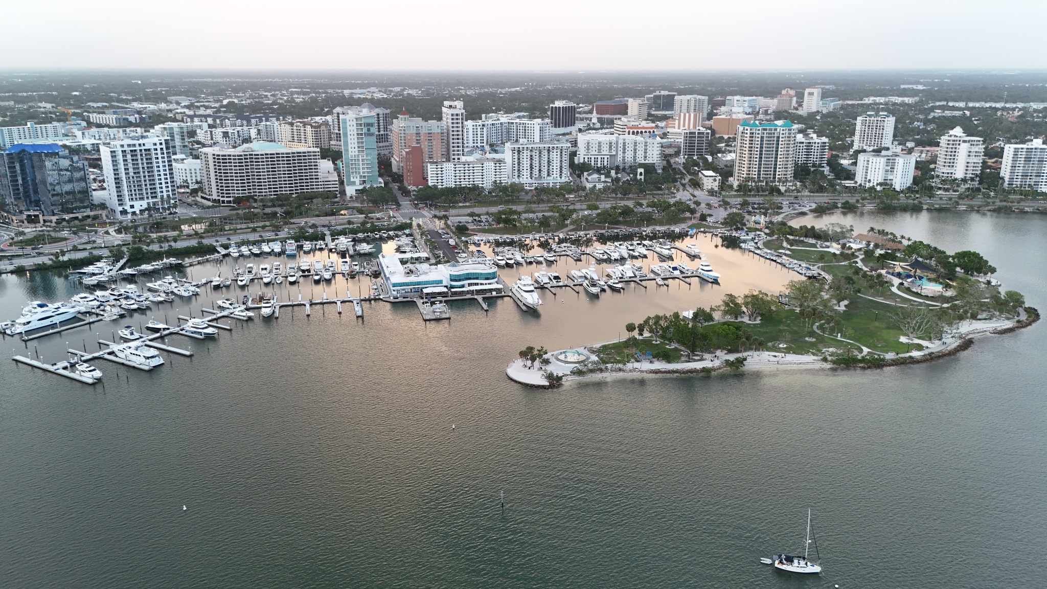 Aerial view of Downtown Sarasota, Florida, the marina and waterfront